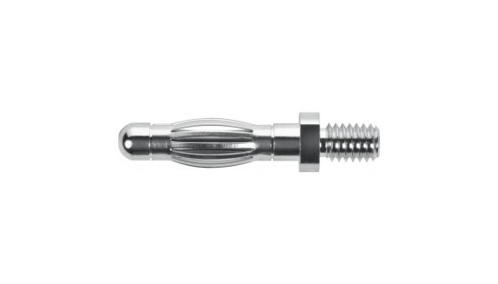 Schutzinger Silver Male Banana Plug, 4 mm Connector, M4 Thread Termination, 33 V ac, 70V dc, 32A, Nickel Plating