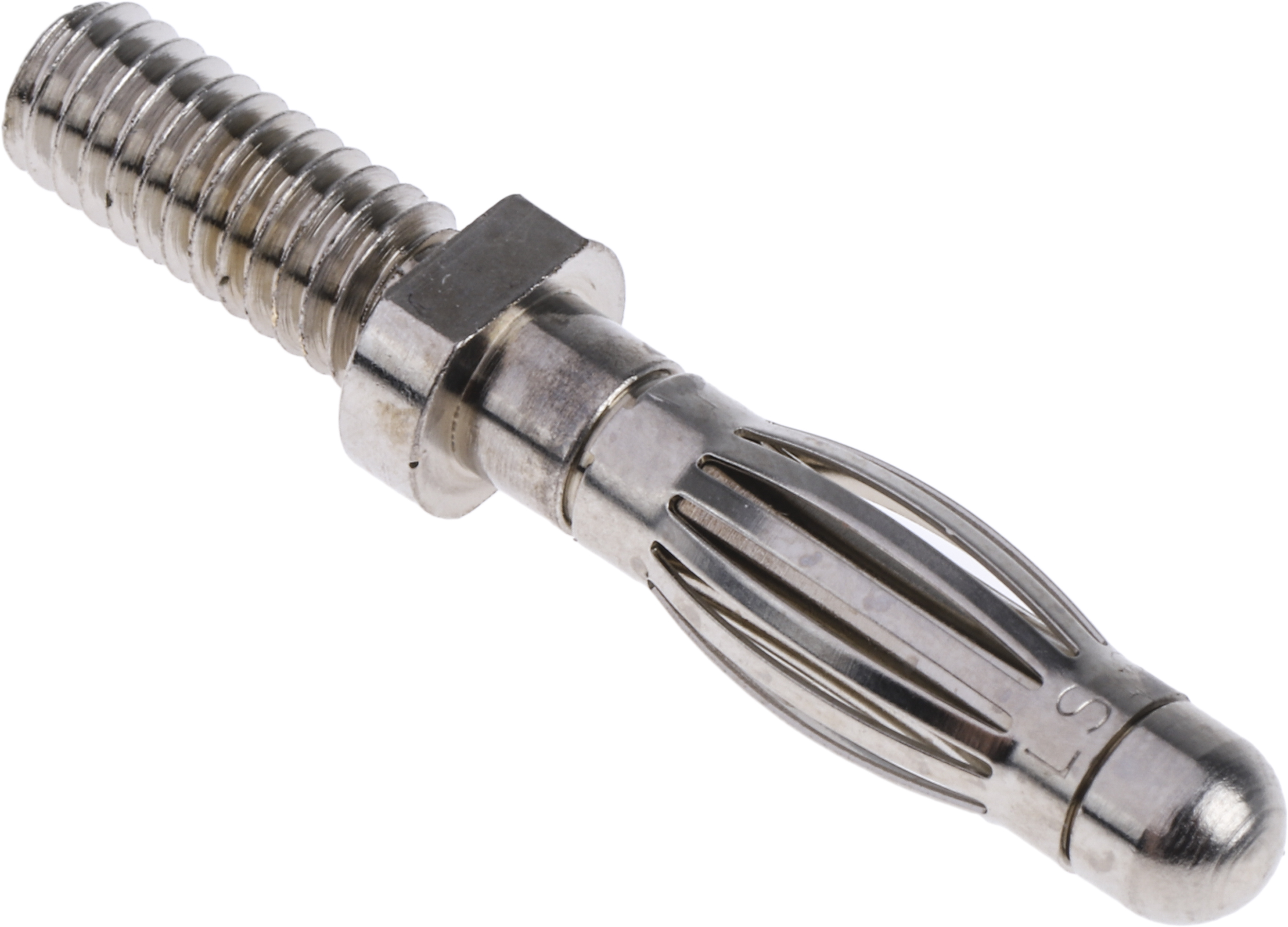 Schutzinger Silver Male Banana Plug, 4 mm Connector, M4 Thread Termination, 33 V ac, 70V dc, 32A, Nickel Plating