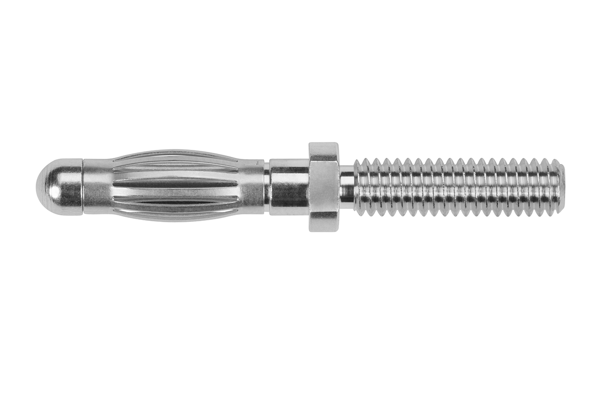 Schutzinger Silver Male Banana Plug, 4 mm Connector, M4 Thread Termination, 33 V ac, 70V dc, 32A, Nickel Plating