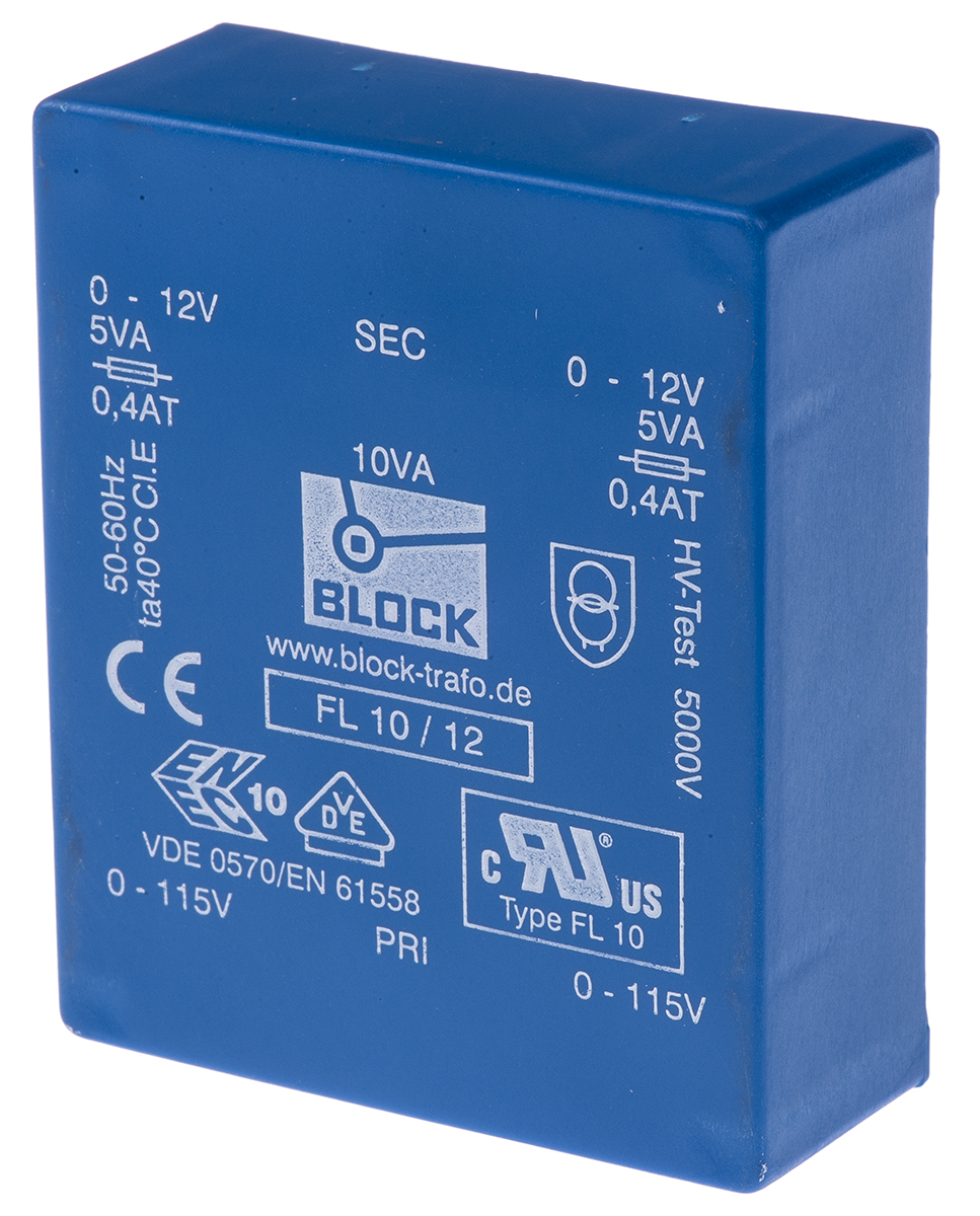 Block 12 V ac 2 Output Pin PCB Transformer, ENEC 10 (VDE), VDE 0570 Teil 2-6, UL 94 V-0, DIN EN 61558-2-1, VDE 0570 Teil