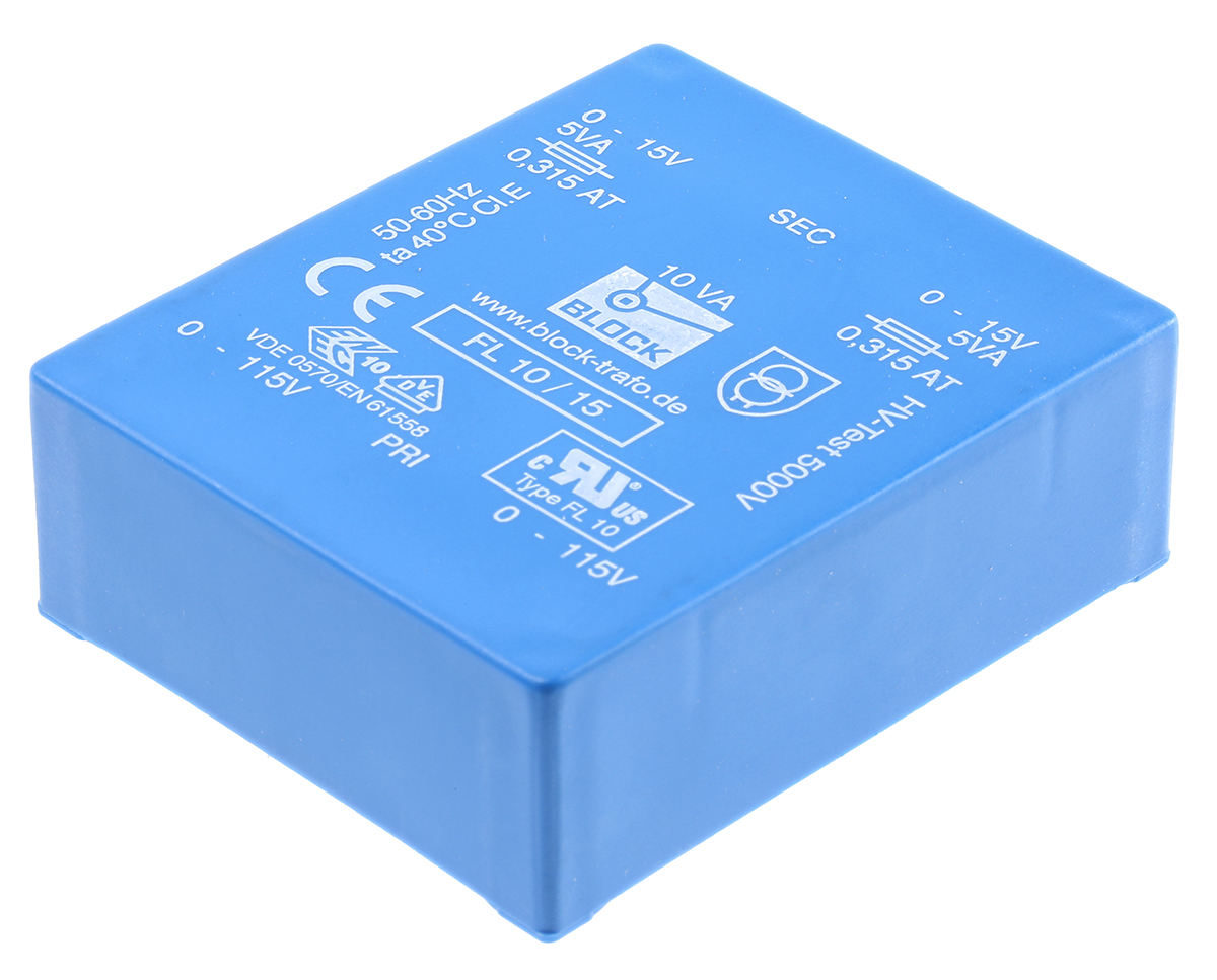 Block 15 V ac 2 Output Pin PCB Transformer, C-UL-US, VDE 0570 Teil 2-4, IEC 61558-2-1, VDE 0570 Teil 2-6, VDE 0570 Teil
