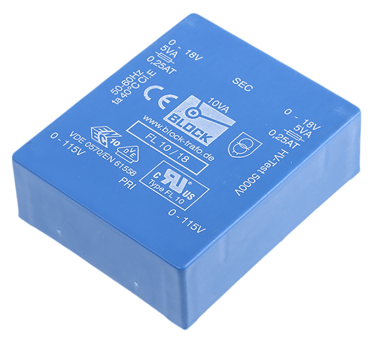 Block 18 V ac 2 Output Pin PCB Transformer, DIN EN 61558-2-1, C-UL-US, IEC 61558-2-1, VDE 0570 Teil 2-1, UL 94 V-0, VDE