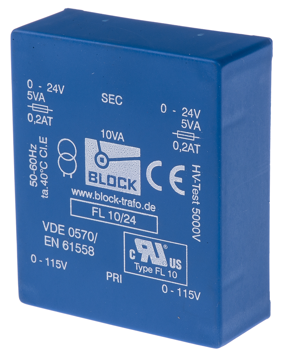Block 24 V ac 2 Output Pin PCB Transformer, VDE 0570 Teil 2-6, IEC 61558-2-4, UL 94 V-0, IEC 61558-2-6, VDE 0570 Teil