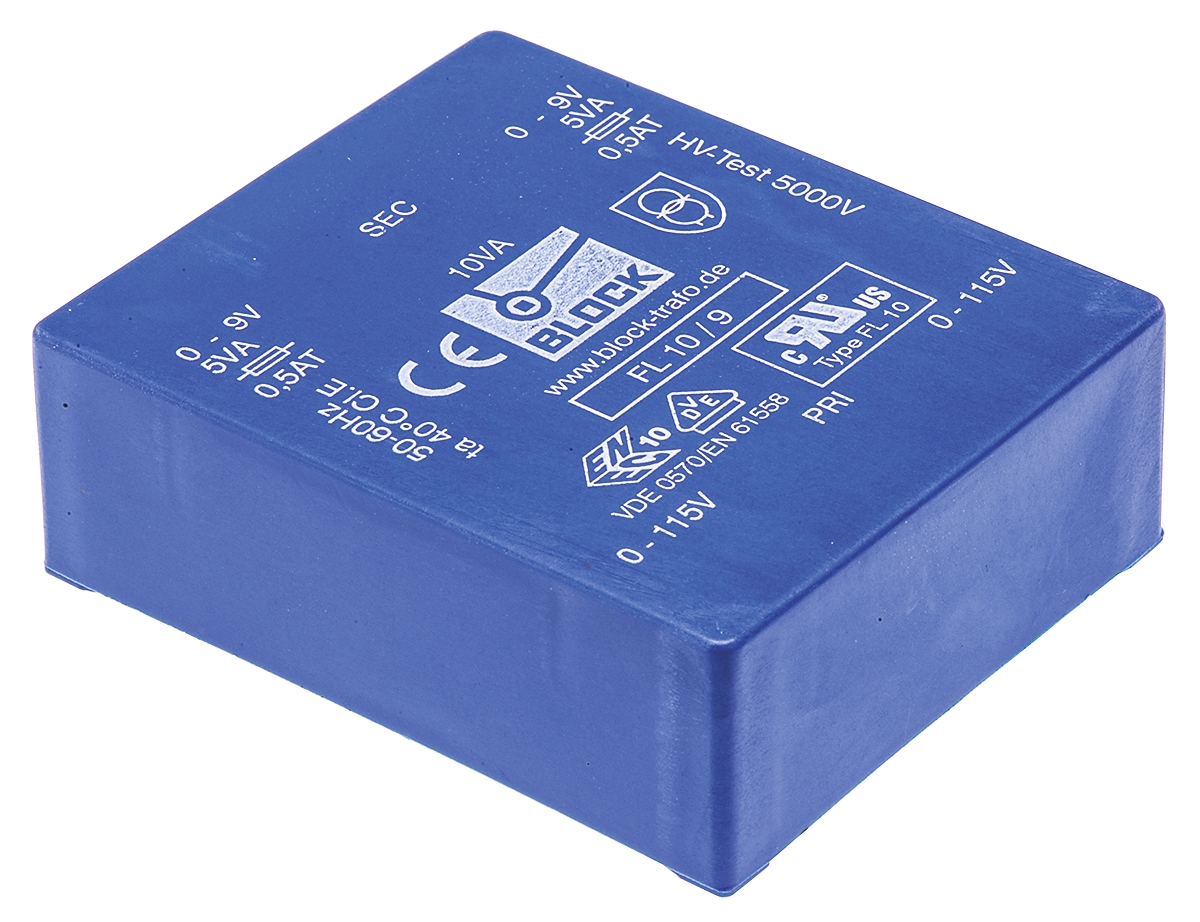 Block 9 V ac 2 Output Through Hole PCB Transformer, VDE, UL 10 VA