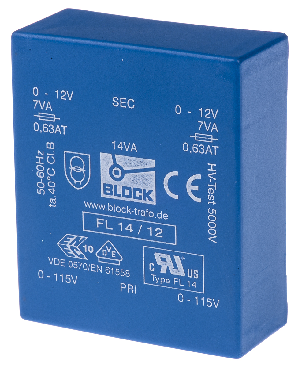 Block 12 V ac 2 Output Pin PCB Transformer, IEC 61558-2-4, DIN EN 61558-2-1, VDE 0570 Teil 2-6, ENEC 10 (VDE), VDE 0570