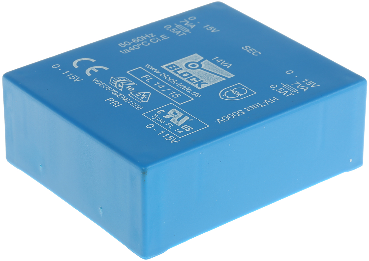 Block 15 V ac 2 Output Pin PCB Transformer, IEC 61558-2-1, DIN EN 61558-2-1, VDE 0570 Teil 2-4, DIN EN 61558-2-4, VDE