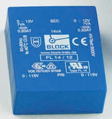 Block 18 V ac 2 Output Pin PCB Transformer, VDE 0570 Teil 2-4, DIN EN 61558-2-6, IEC 61558-2-6, UL 94 V-0, IEC