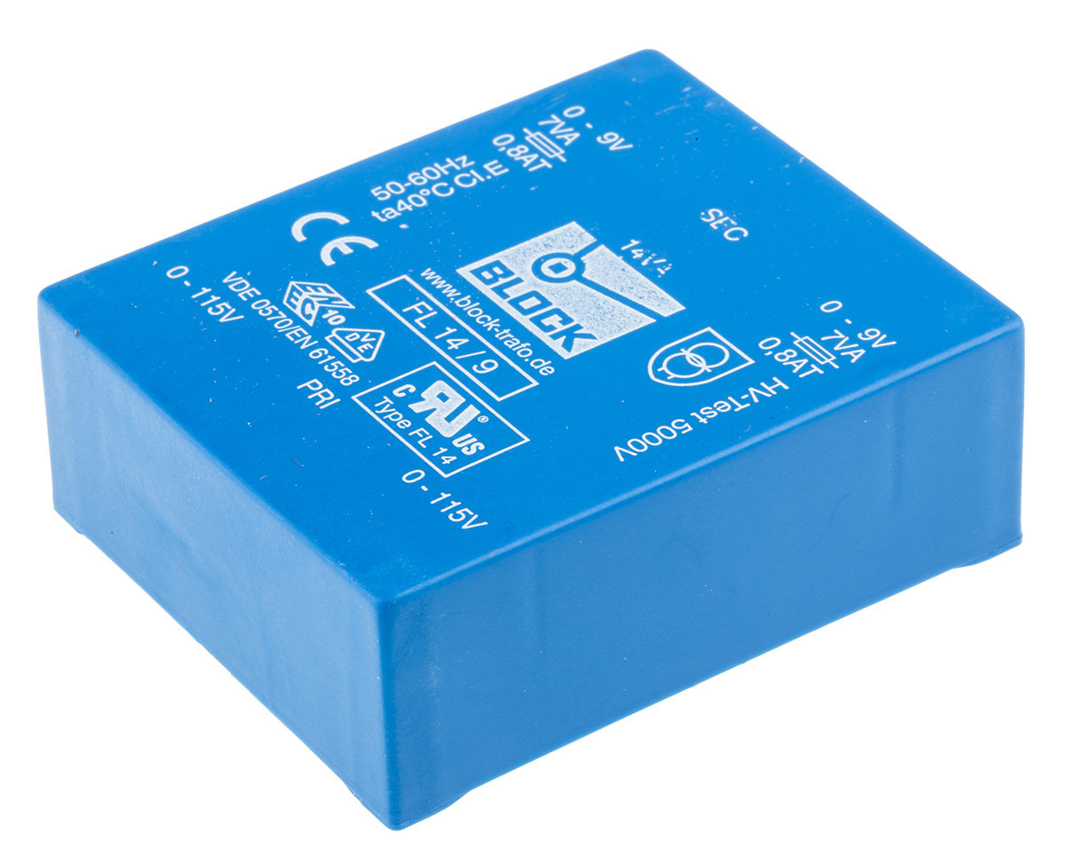 Block 9 V ac 2 Output Pin PCB Transformer, VDE 0570 Teil 2-1, DIN EN 61558-2-4, IEC 61558-2-4, VDE 0570 Teil 2-6, IEC