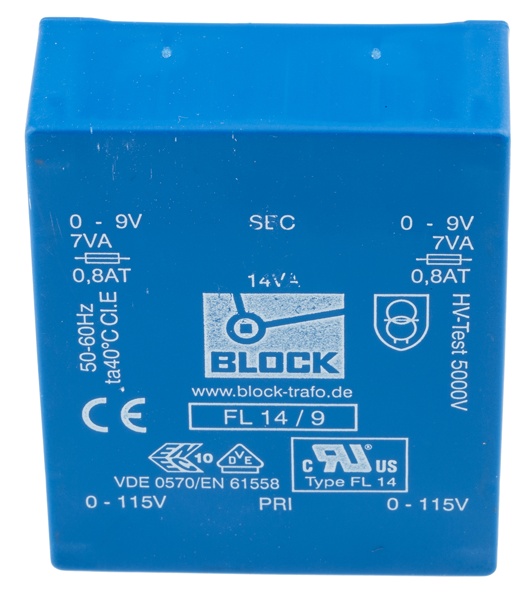 fl-149 Block 9 V ac 2 Output Pin PCB Transformer, VDE 0570 Teil 2-1, DIN EN 61558-2-4, IEC 61558-2-4, VDE 0570 Teil 2-6, IEC