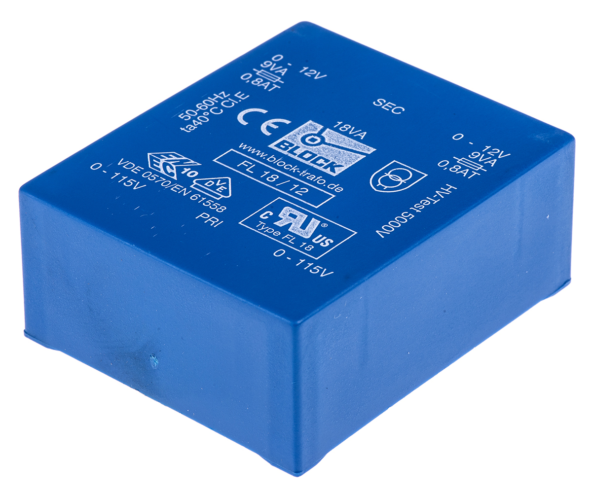 Block 12 V ac 2 Output Pin PCB Transformer, IEC 61558-2-1, VDE 0570 Teil 2-1, C-UL-US, ENEC 10 (VDE), DIN EN 61558-2-1,