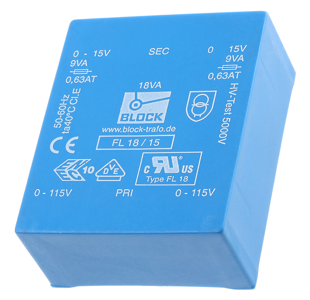 Block 15 V ac 2 Output Pin PCB Transformer, C-UL-US, VDE 0570 Teil 2-1, IEC 61558-2-1, IEC 61558-2-4, DIN EN 61558-2-6,
