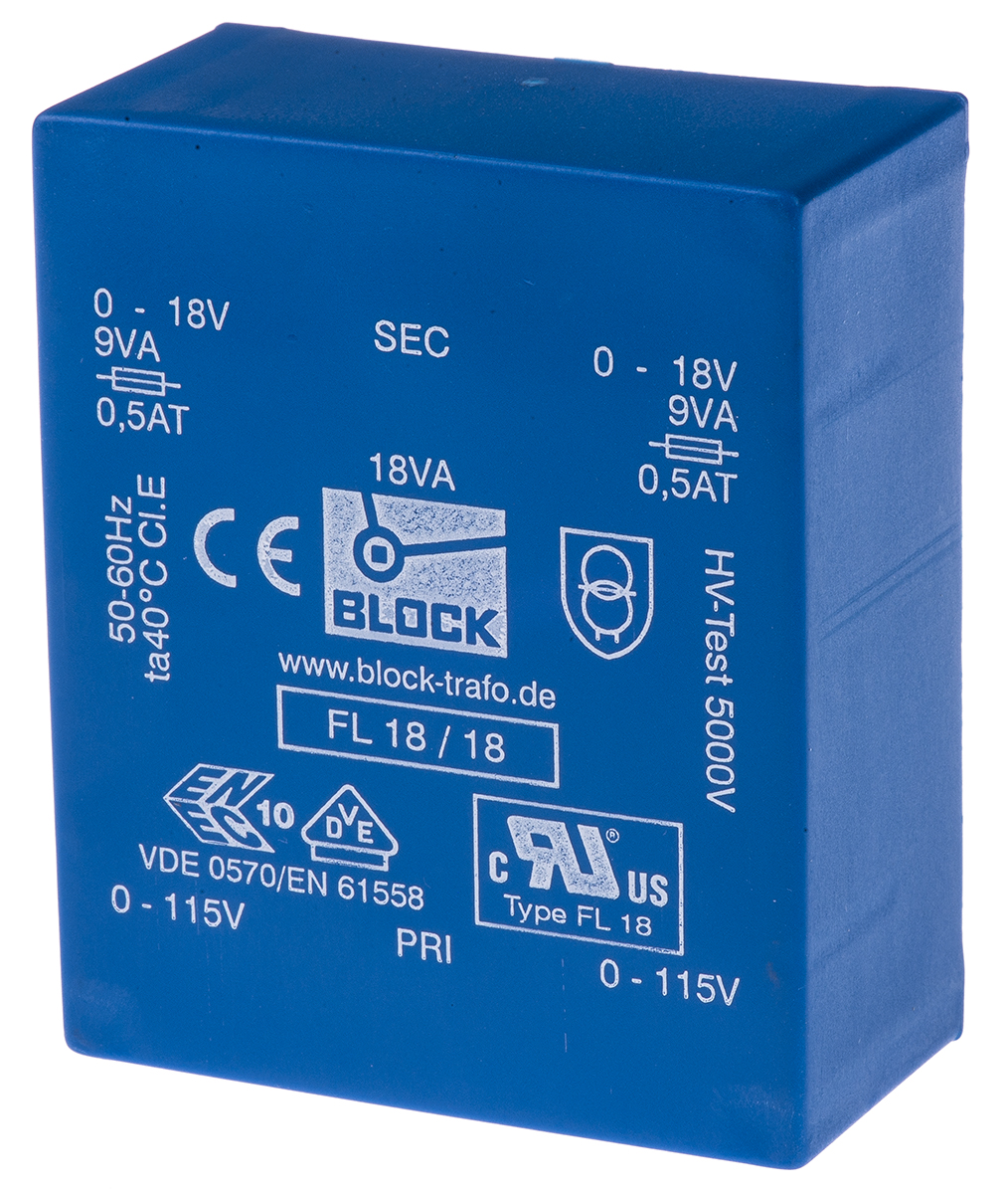 Block 18 V ac 2 Output Pin PCB Transformer, VDE 0570 Teil 2-1, C-UL-US, IEC 61558-2-4, IEC 61558-2-6, IEC 61558-2-1, DIN