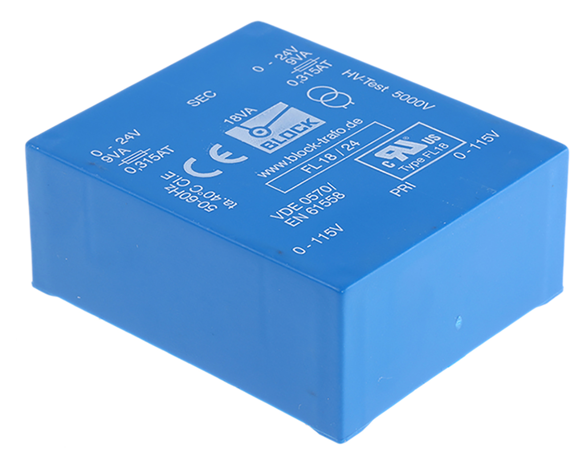 Block 24 V ac 2 Output Through Hole PCB Transformer, UL, VDE 18 VA
