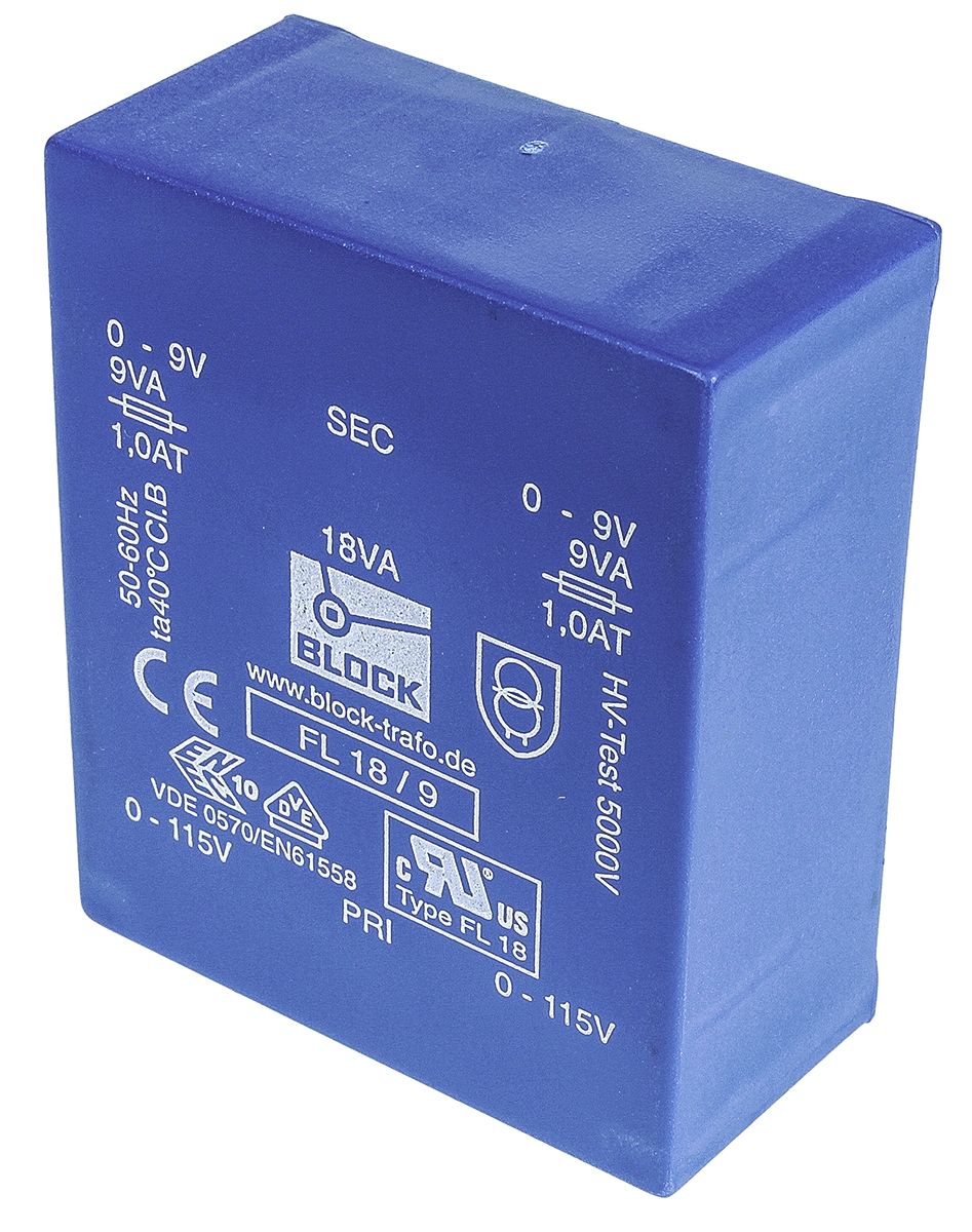 Block 9 V ac 2 Output Pin PCB Transformer, VDE 0570 Teil 2-6, IEC 61558-2-1, C-UL-US, VDE 0570 Teil 2-4, DIN EN