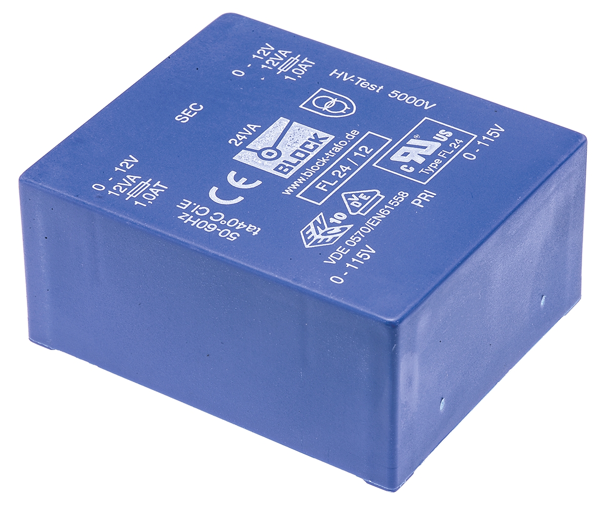 Block 12 V ac 2 Output Through Hole PCB Transformer, UL, VDE 24 VA