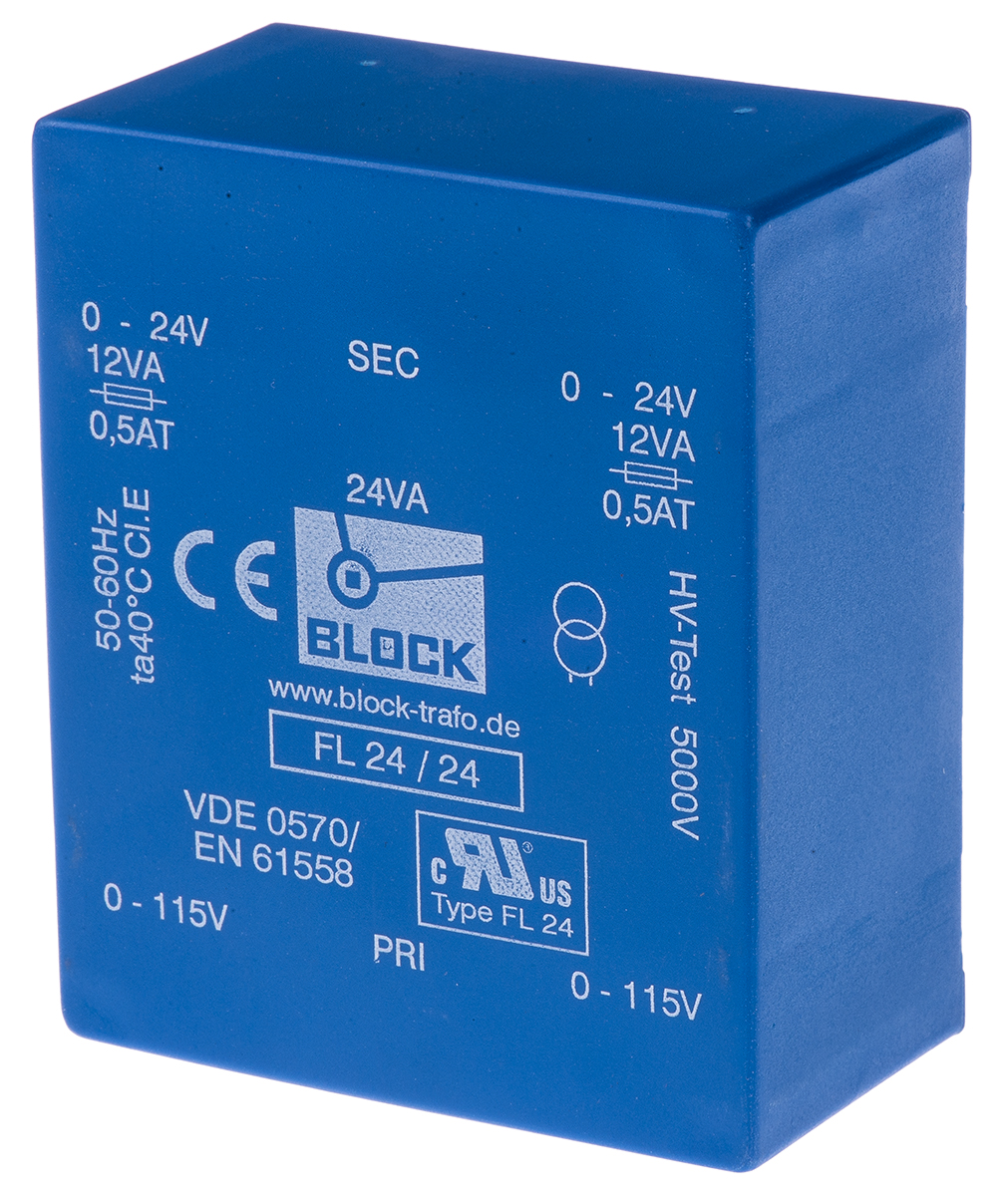 Block 24 V ac 2 Output Pin PCB Transformer, VDE 0570 Teil 2-4, IEC 61558-2-1, UL 94 V-0, DIN EN 61558-2-6, C-UL-US, VDE