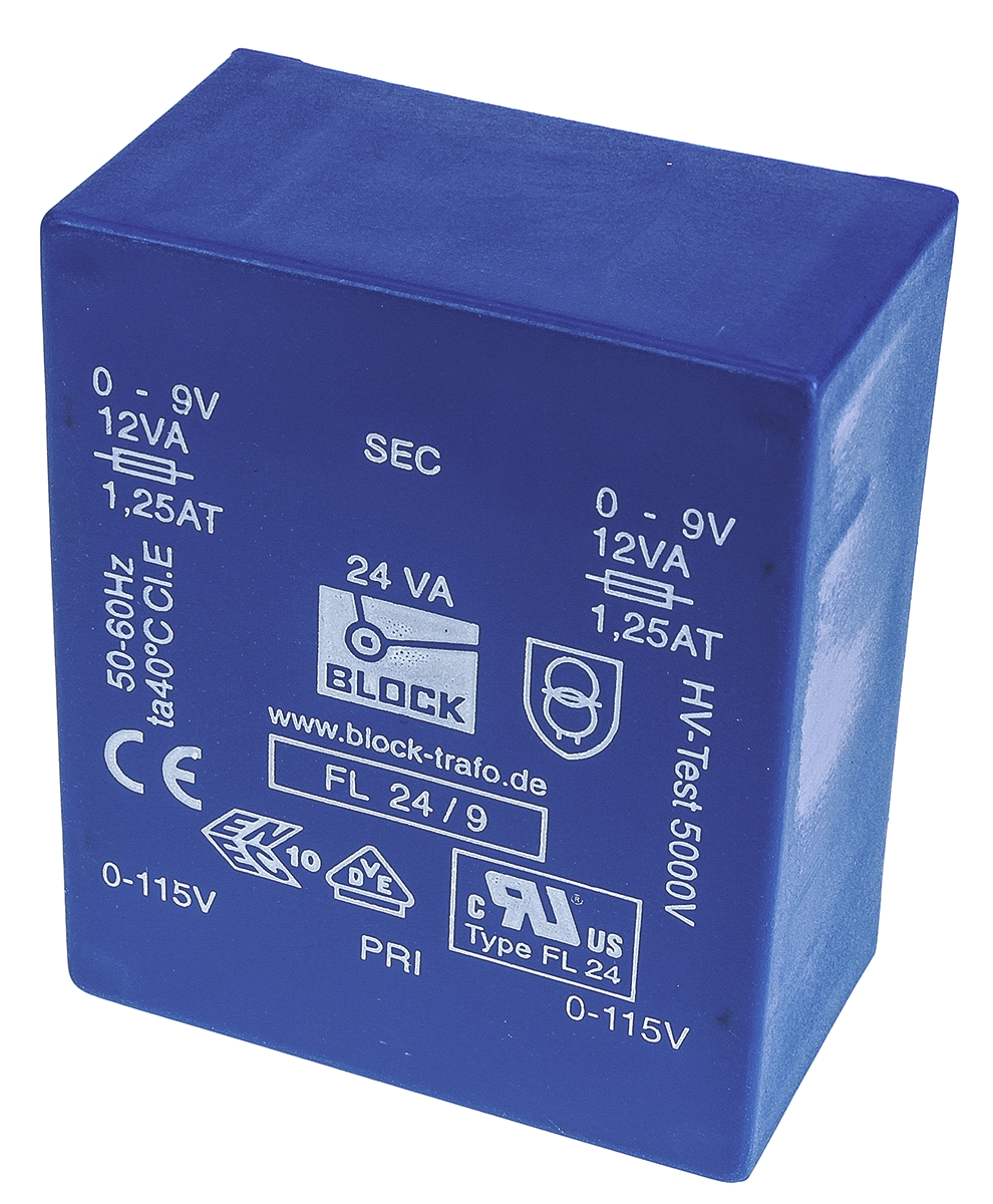 Block 9 V ac 2 Output Pin PCB Transformer, IEC 61558-2-1, VDE 0570 Teil 2-6, IEC 61558-2-4, ENEC 10 (VDE), UL 94 V-0,