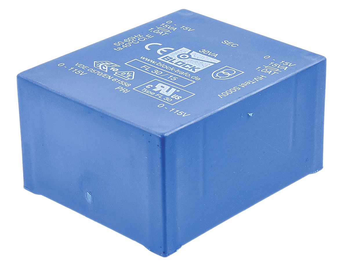 Block 15 V ac 2 Output Through Hole PCB Transformer, VDE, UL 30 VA
