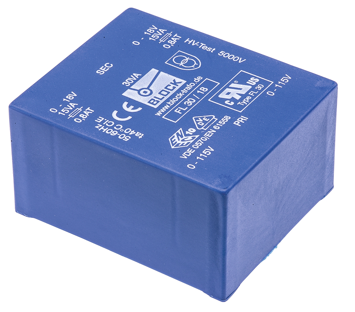 Block 18 V ac 2 Output Pin PCB Transformer, UL 94 V-0, DIN EN 61558-2-6, DIN EN 61558-2-1, ENEC 10 (VDE), DIN EN