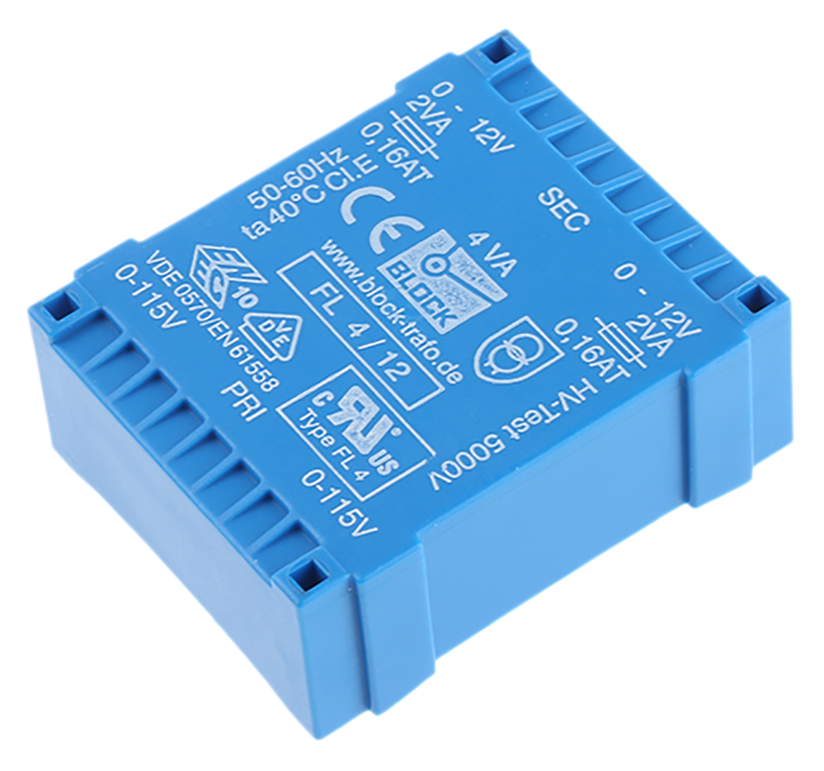 Block 12 V ac 2 Output Pin PCB Transformer, UL 94 V-0, IEC 61558-2-6, DIN EN 61558-2-6, VDE 0570 Teil 2-1, DIN EN