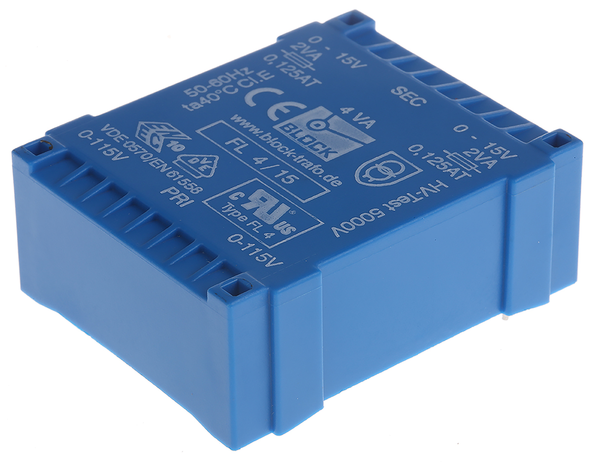 Block 15 V ac 2 Output Pin PCB Transformer, DIN EN 61558-2-6, IEC 61558-2-1, ENEC 10 (VDE), VDE 0570 Teil 2-4, IEC