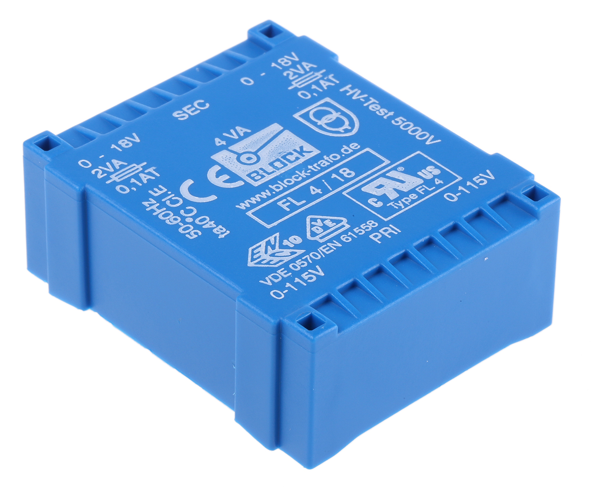 Block 18 V ac 2 Output Through Hole PCB Transformer, VDE, UL 4 VA