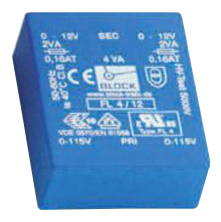 Block 6 V ac 2 Output Through Hole PCB Transformer, UL, VDE 4 VA