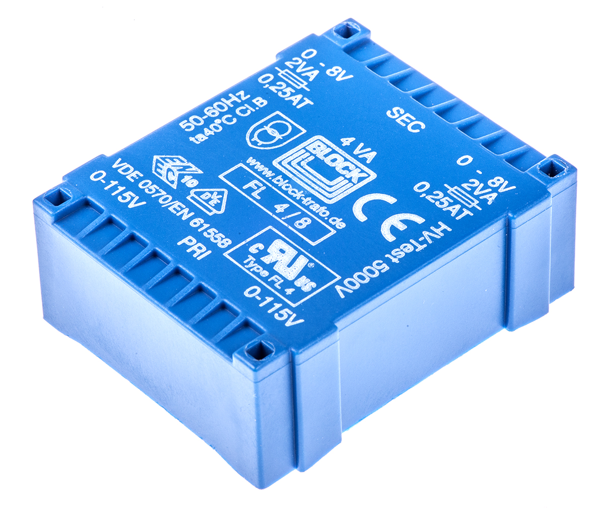 Block 8 V ac 2 Output Pin PCB Transformer, IEC 61558-2-4, IEC 61558-2-1, VDE 0570 Teil 2-4, DIN EN 61558-2-4, C-UL-US,