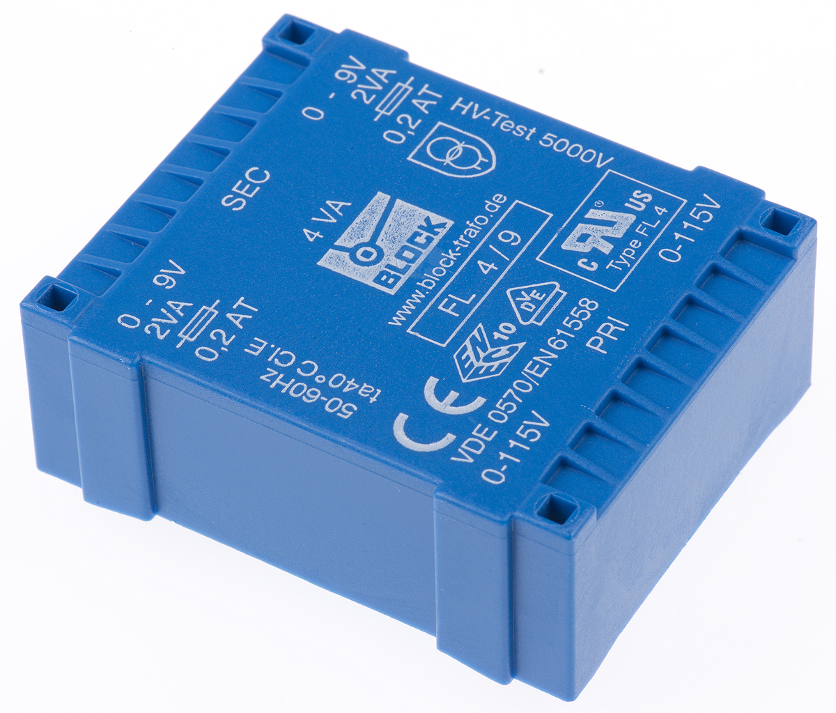 Block 9 V ac 2 Output Pin PCB Transformer, VDE 0570 Teil 2-6, IEC 61558-2-6, IEC 61558-2-4, C-UL-US, UL 94 V-0, DIN EN