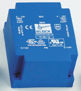 Block 18 V ac 2 Output Pin PCB Transformer, C-UL-US, UL 94 V-0, VDE 0570 Teil 2-6, IEC 61558-2-6, DIN EN 61558-2-4, ENEC