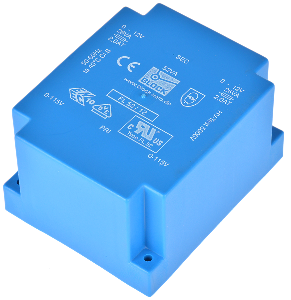 Block 12 V ac 2 Output Through Hole PCB Transformer, VDE, UL 52 VA