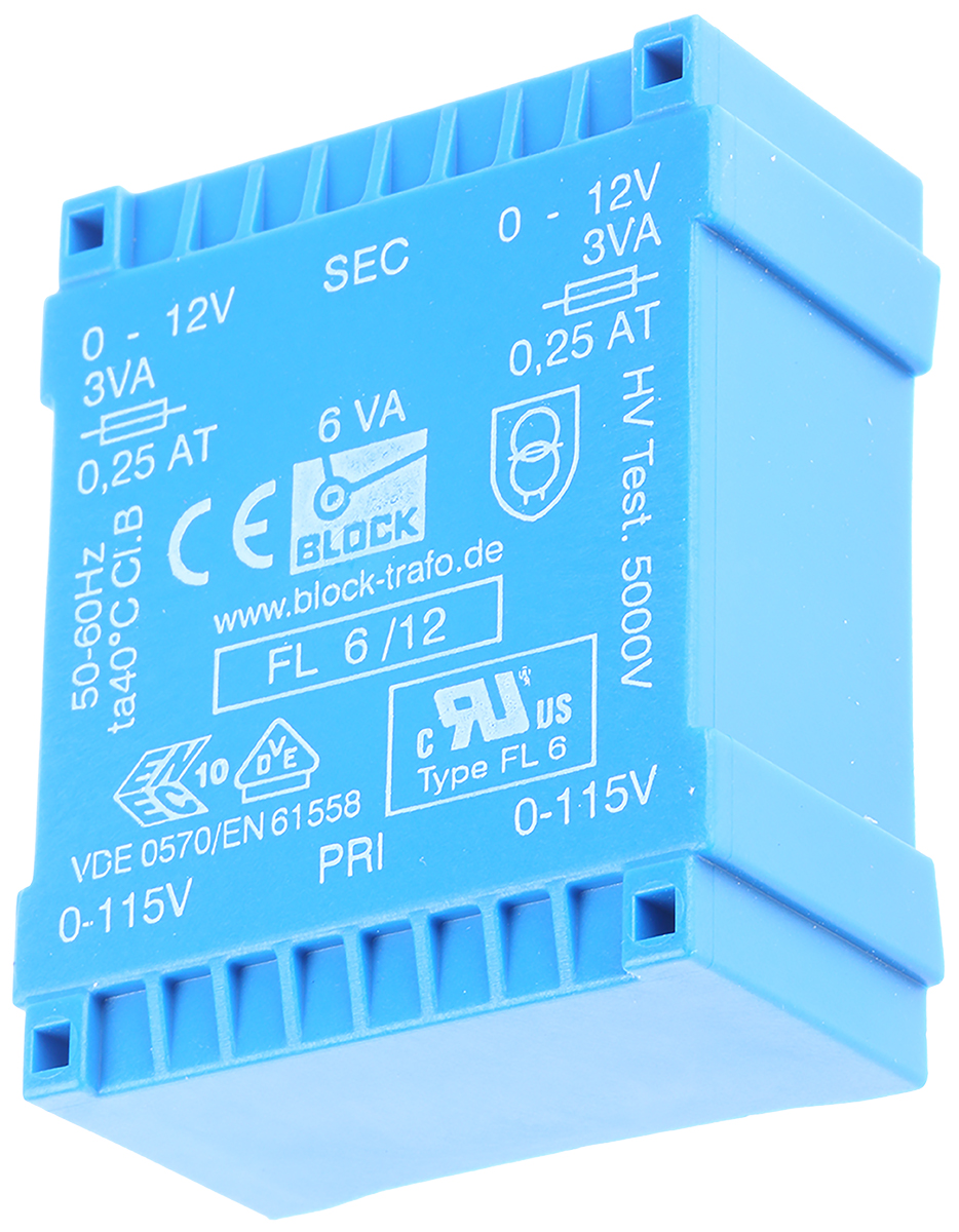Block 12 V ac 2 Output Pin PCB Transformer, DIN EN 61558-2-1, C-UL-US, IEC 61558-2-6, VDE 0570 Teil 2-6, DIN EN