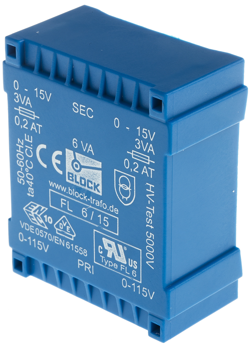 Block 15 V ac 2 Output Pin PCB Transformer, C-UL-US, DIN EN 61558-2-1, DIN EN 61558-2-4, IEC 61558-2-4, VDE 0570 Teil