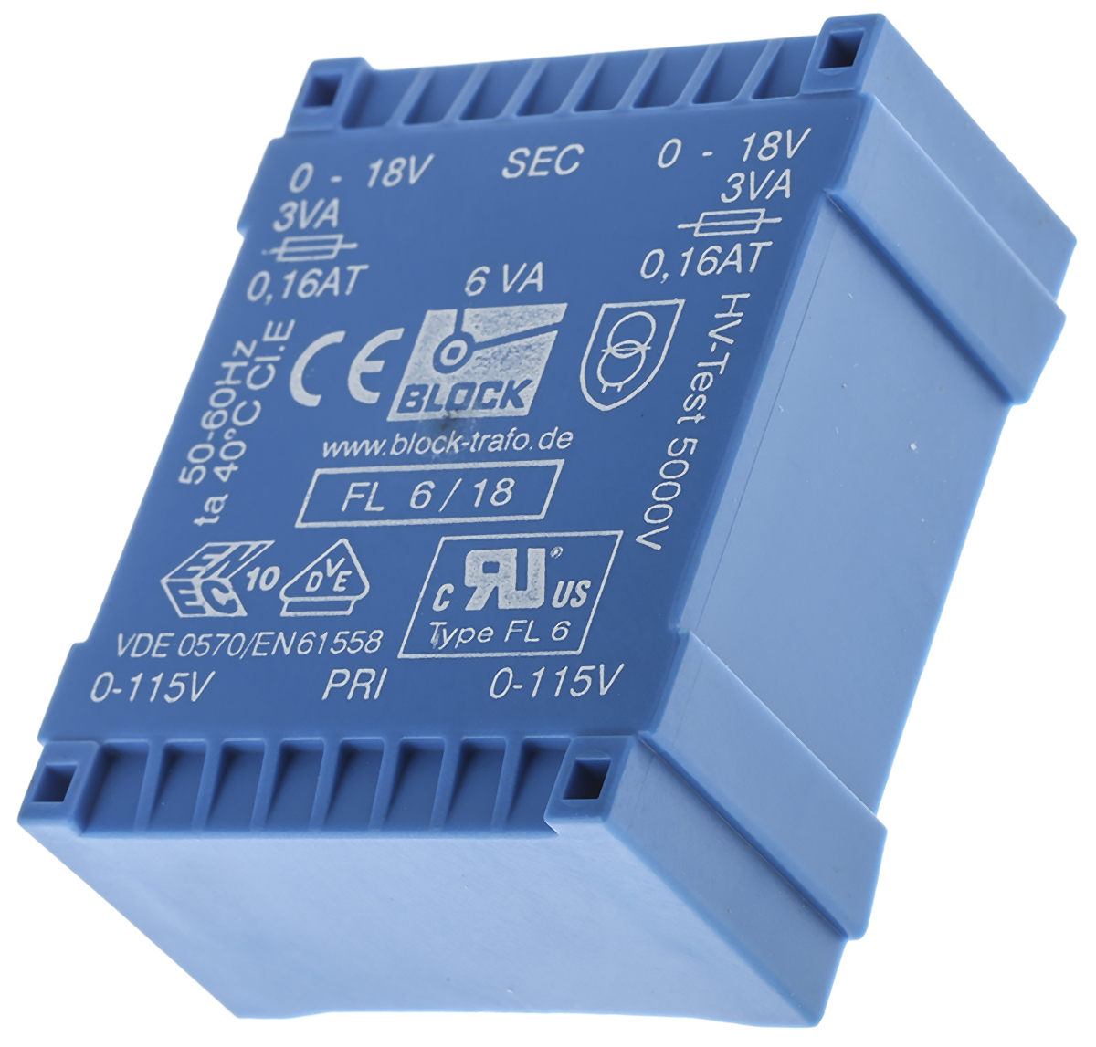Block 18 V ac 2 Output Pin PCB Transformer, C-UL-US, VDE 0570 Teil 2-1, VDE 0570 Teil 2-4, DIN EN 61558-2-6, IEC