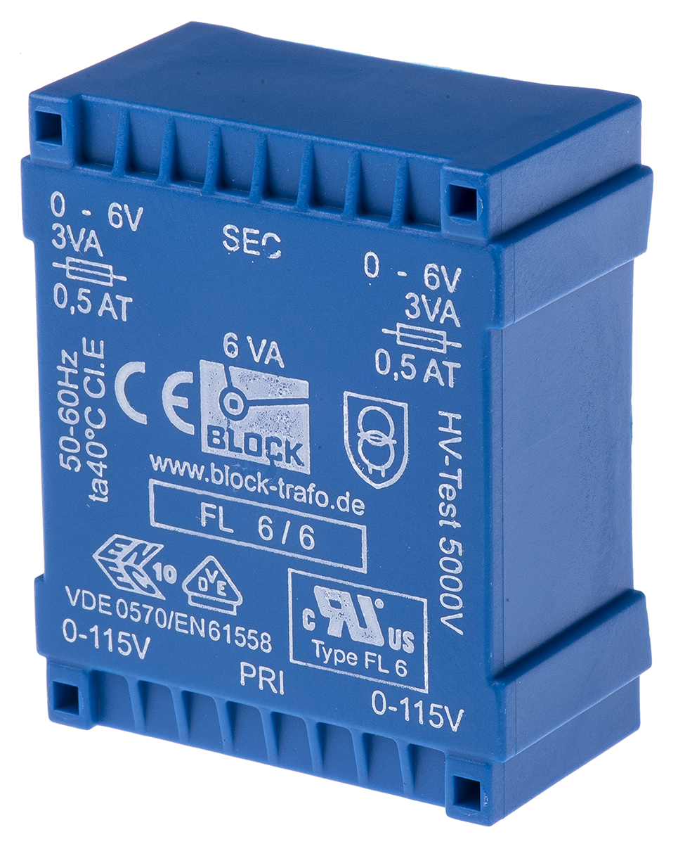 Block 6 V ac 2 Output Pin PCB Transformer, C-UL-US, IEC 61558-2-1, DIN EN 61558-2-4, UL 94 V-0, VDE 0570 Teil 2-6, IEC