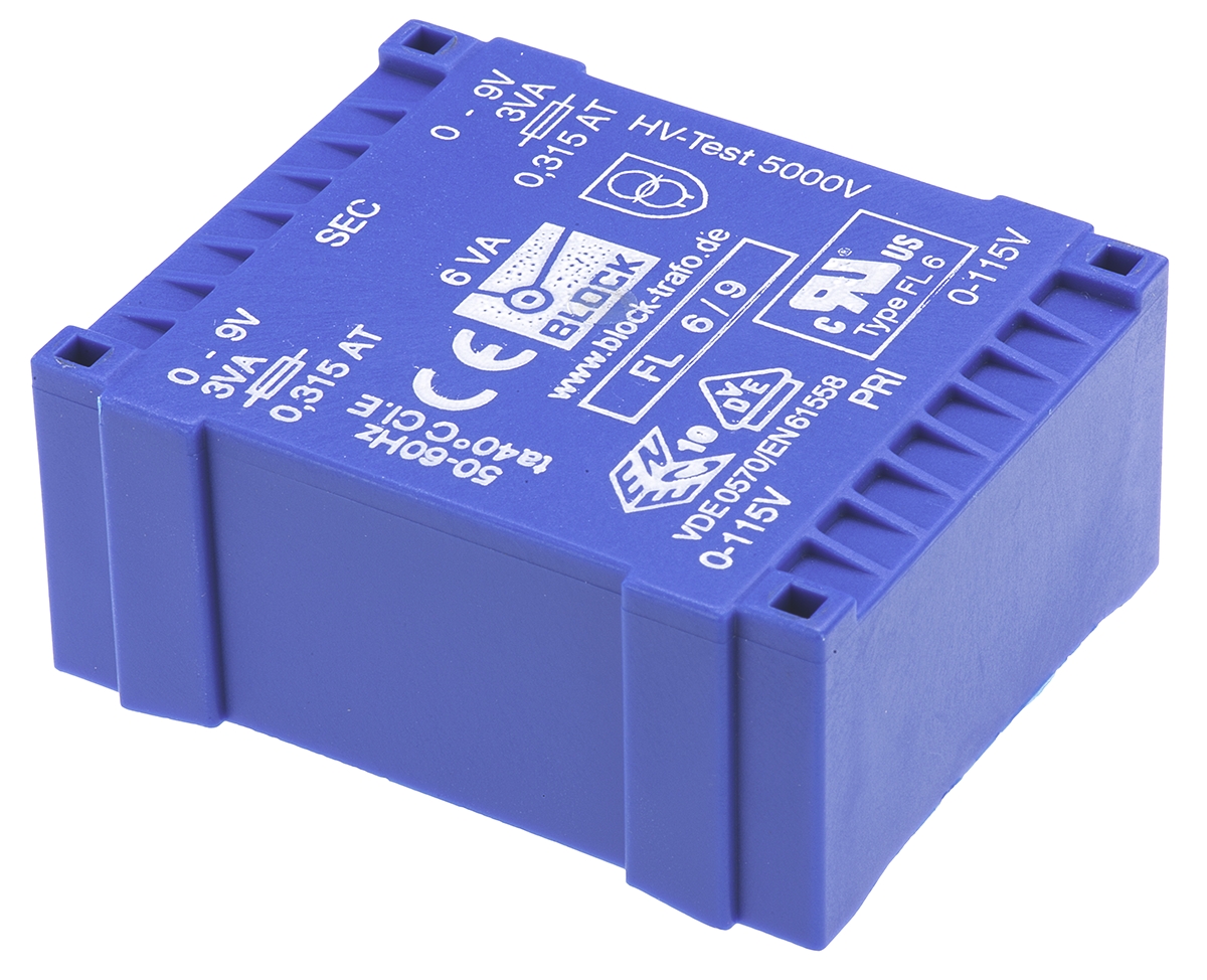 Block 9 V ac 2 Output Pin PCB Transformer, DIN EN 61558-2-4, VDE 0570 Teil 2-6, IEC 61558-2-6, DIN EN 61558-2-1, IEC
