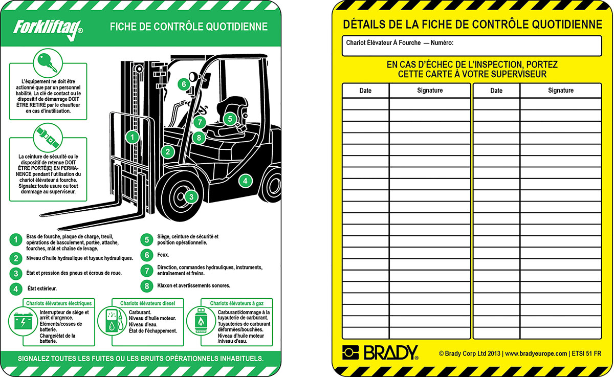 Brady Black, White, Green Safety Forklift Tag, French Language, 10 Per Pack per Pack