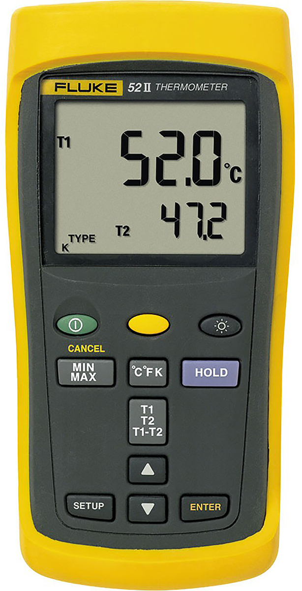Fluke 52 II Wired Digital Thermometer, Type J, K, Type T, Type E Probe, 2 Input(s), 1767 °C Max, ±0.05 % + 0.3°C