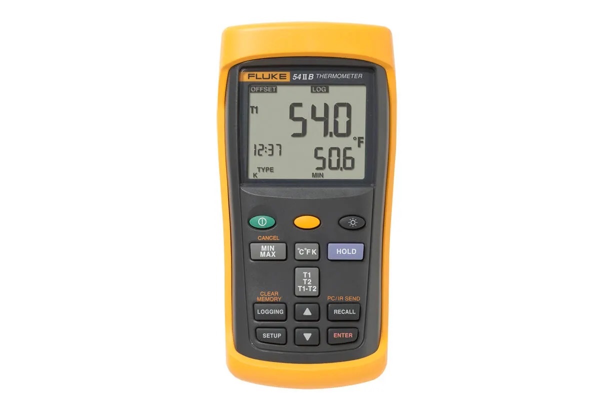 Fluke 54 II B Wired Digital Thermometer, Type E, K, Type R, Type J, Type N, Type S, Type T Probe, 2 Input(s), 1767 °C
