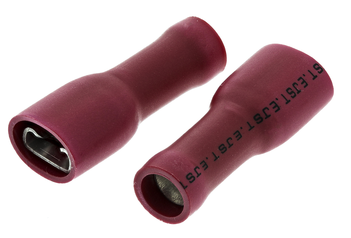 JST FLVDDF Red Insulated Female Spade Connector, Crimp, 4.75 x 0.5 mm Tab Size 22 AWG to 16 AWG