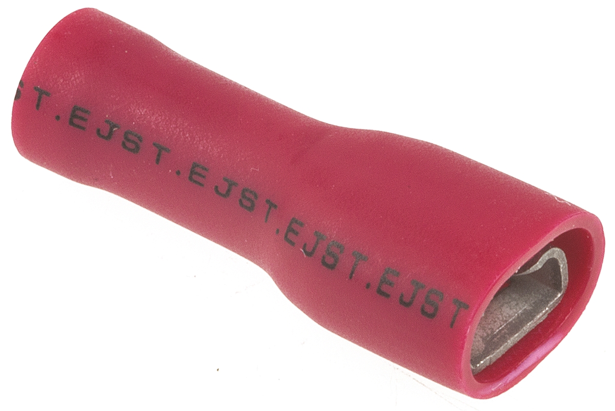 JST FLVDDF Red Insulated Female Spade Connector, Crimp, 4.75 x 0.8 mm Tab Size 22 AWG to 16 AWG