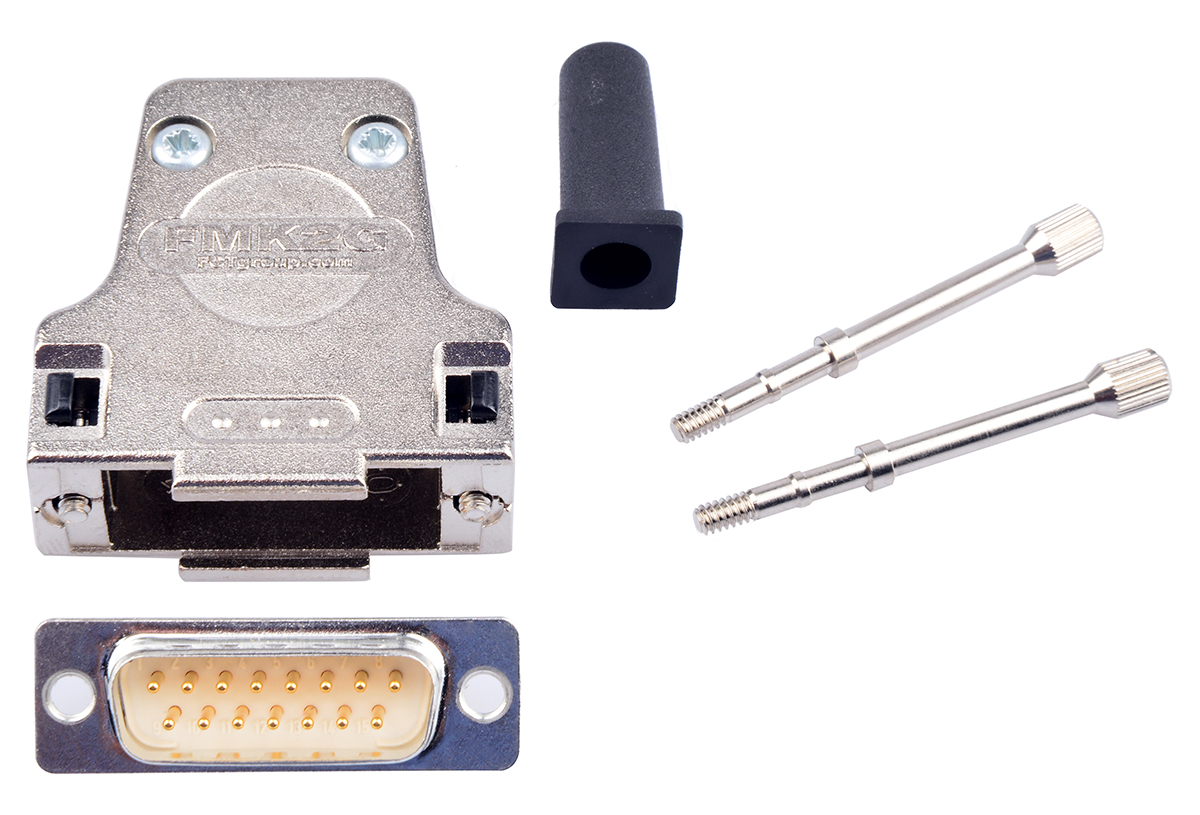 FCT from Molex FMK 15 Way Straight Cable, Screw D-Sub Connector, with Dia Cast Hood Kit, Plug Male