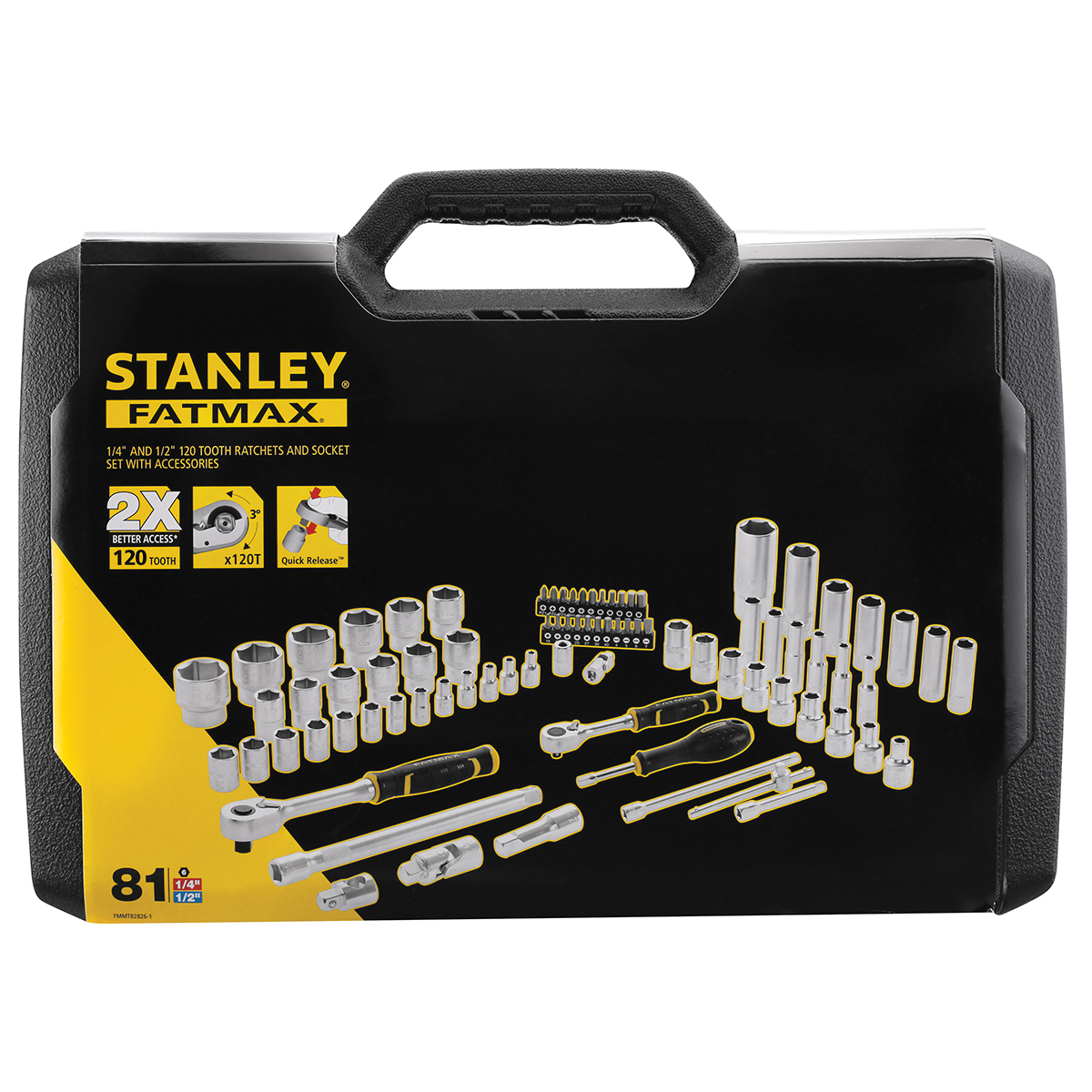 fmmt82826-1 Stanley 81-Piece 1/2 in, 1/4 in 6 Point, Hexagon Socket, Phillips, Pozidriv, Slotted, Torx Socket Set