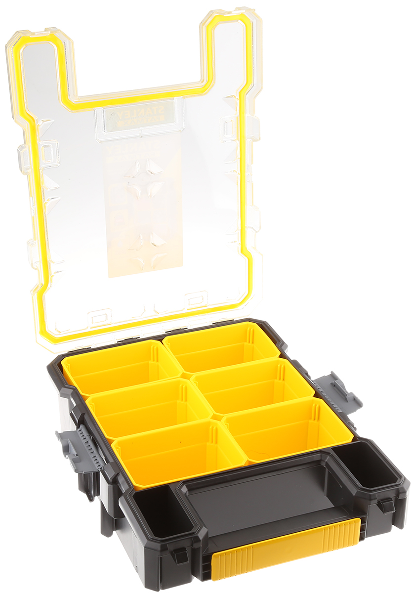 Stanley 6 Cell Black, Yellow Polycarbonate Adjustable Compartments Compartment Box, 359 mm x 115mm x 261 mm