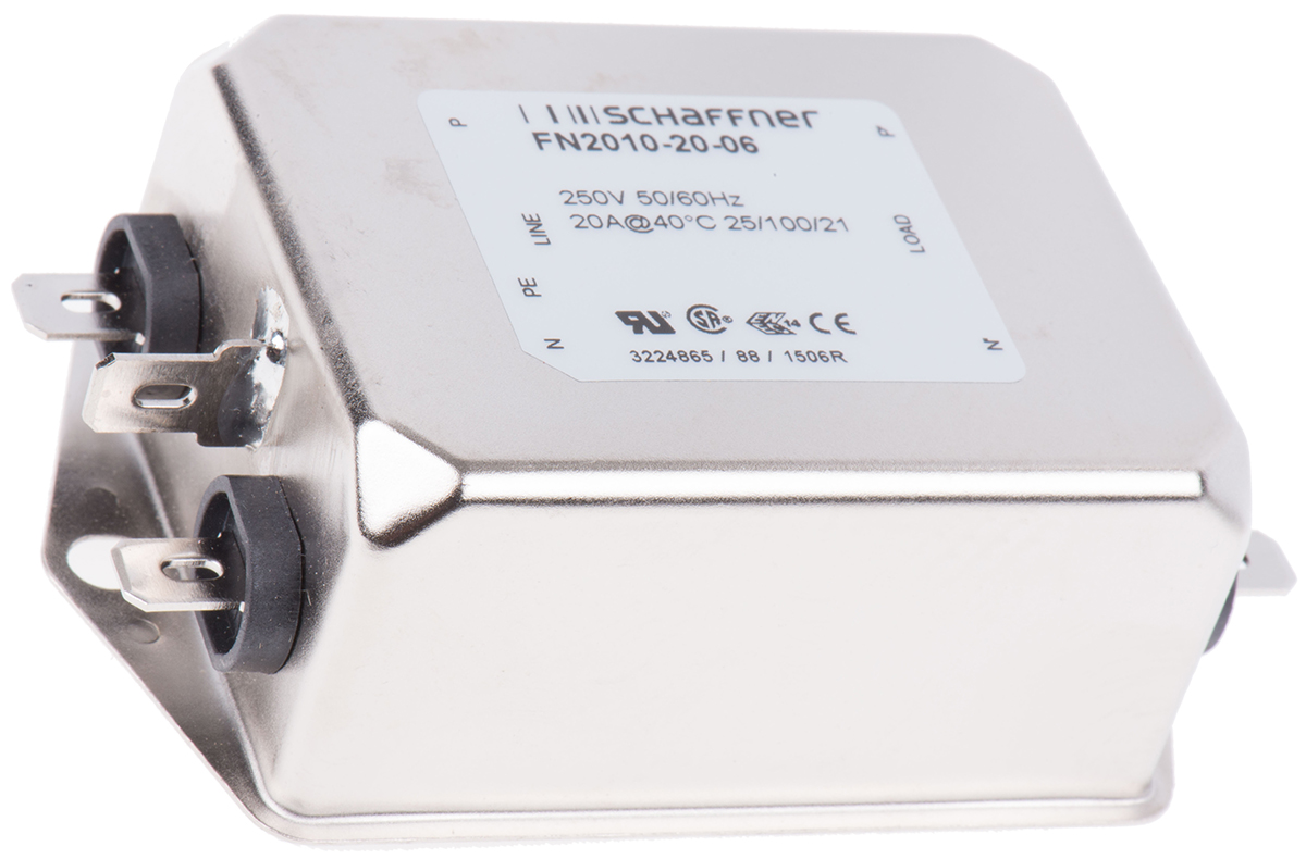 Schaffner, FN2010 20 A 250V ac/dc 0Hz, 400 Hz, Chassis Mount EMI Filter, Fast-On 1 Phase