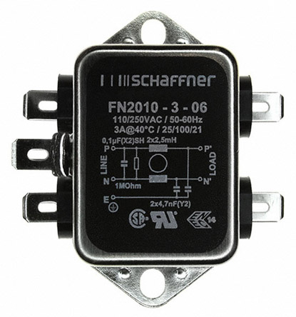 Schaffner, FN2010 3 A 250V ac/dc 0Hz, 400 Hz, Chassis Mount EMI Filter, Fast-On 1 Phase