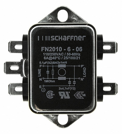 Schaffner, FN2010 6 A 250V ac/dc 0Hz, 400 Hz, Chassis Mount EMI Filter, Fast-On 1 Phase