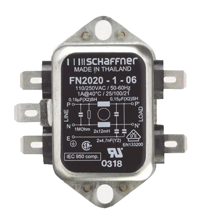 Schaffner, FN2020 1 A 250V ac/dc 400Hz, Chassis Mount EMI Filter, Fast-On 1 Phase