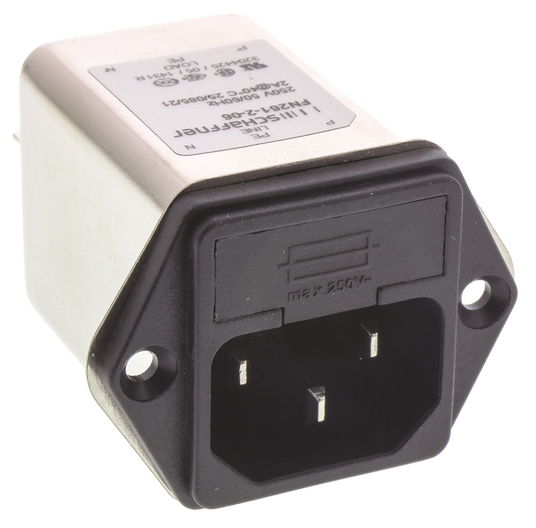 Schaffner FN261-2-06, 250V ac 2A Panel Mount IEC Filter Male 1 Fuse, Faston