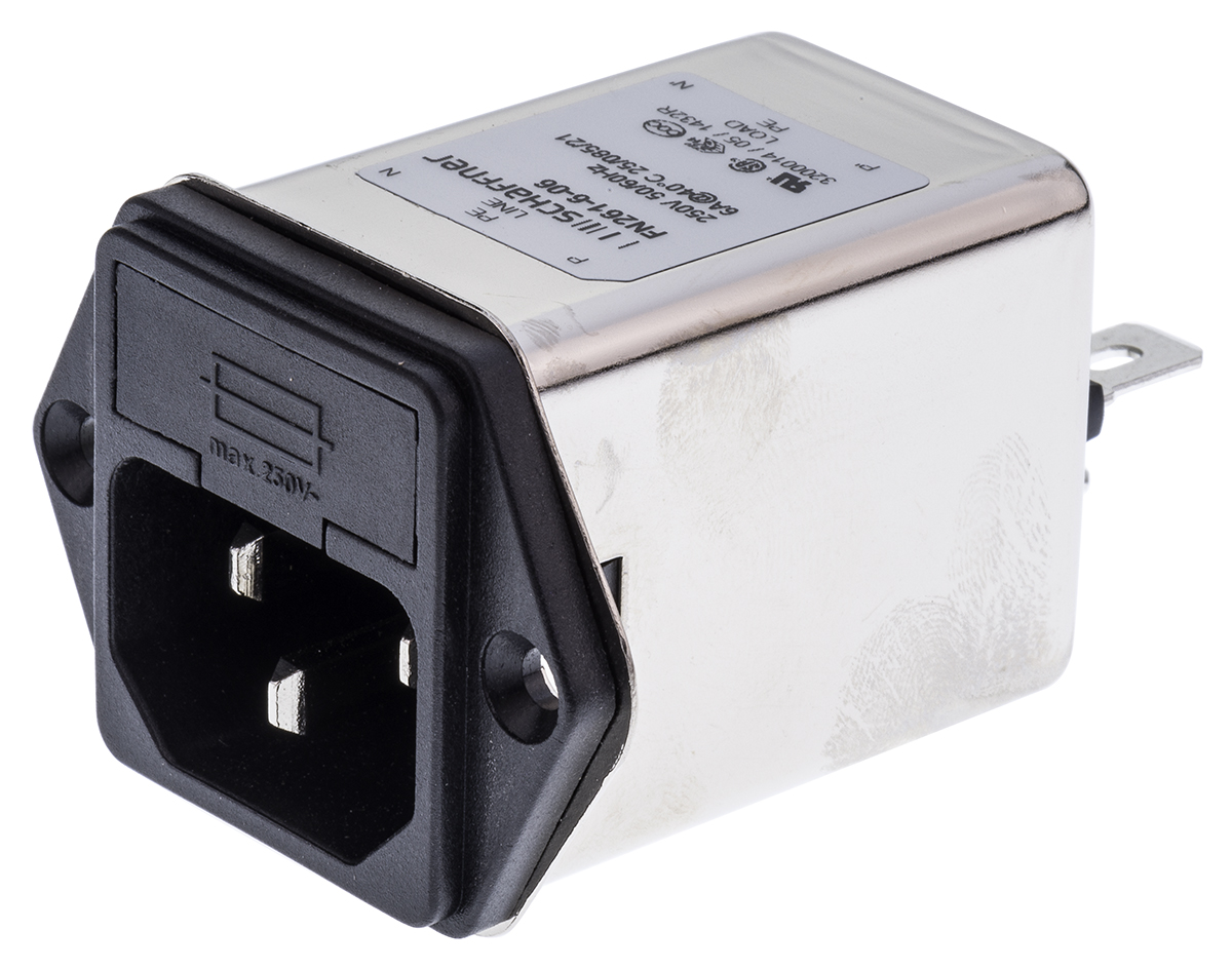 Schaffner FN261-6-06, 250V ac 6A Panel Mount IEC Filter Male 1 Fuse, Faston